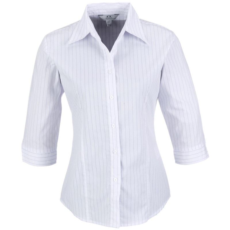 Ladies 3/4 Sleeve Manhattan Striped Shirt - White Navy