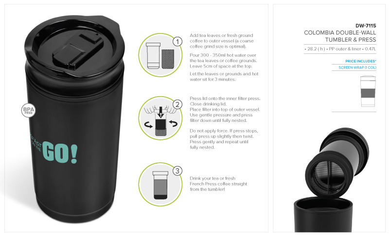 Colombia Plastic Double-Wall Tumbler & Press - 470ml